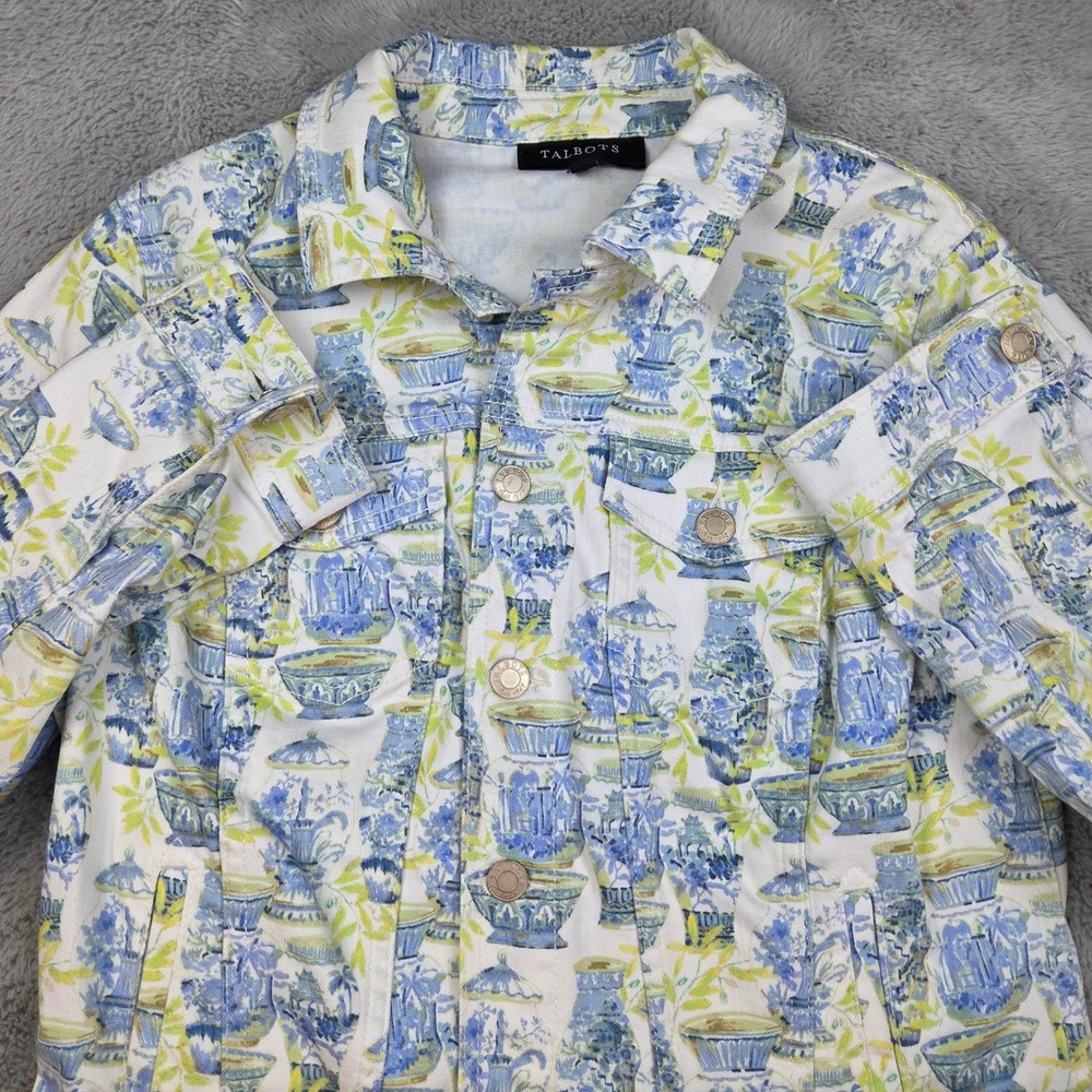Talbots Denim Jacket Womens S Chinoiserie Ginger Jar Print Stretch White Blue